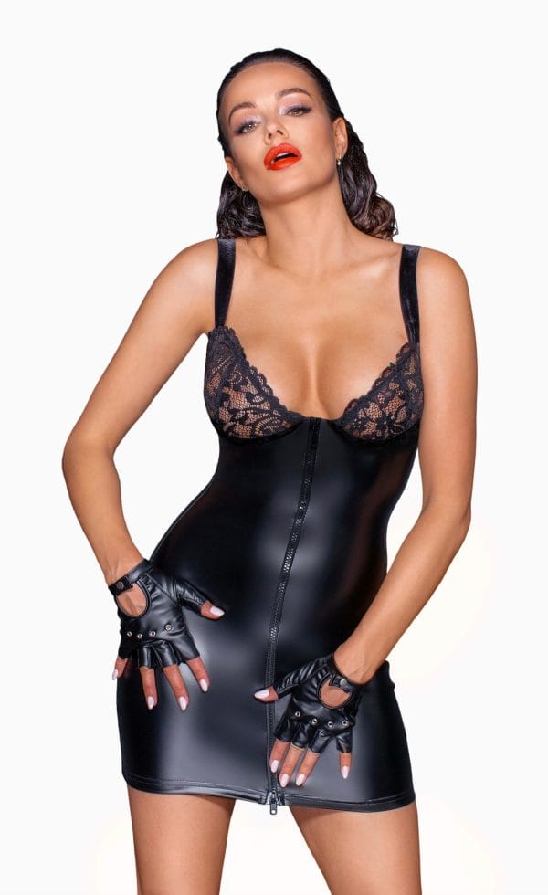 Powerwetlook Mini-Dress with Lace Chest & 2-Way Zipper