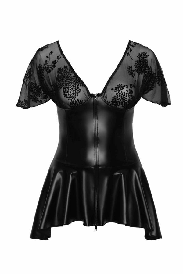 Sheer Mesh & Powerwetlook Mini Dress with Frilly Sleeves - Image 3